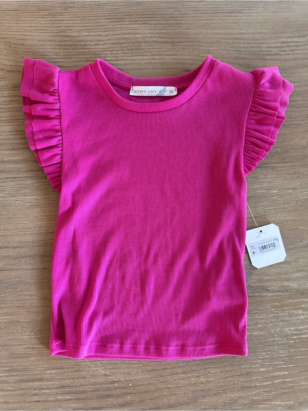 Altar’d State Raspberry Pink Ruffle Sleeve Ribbed Top XXS NWT